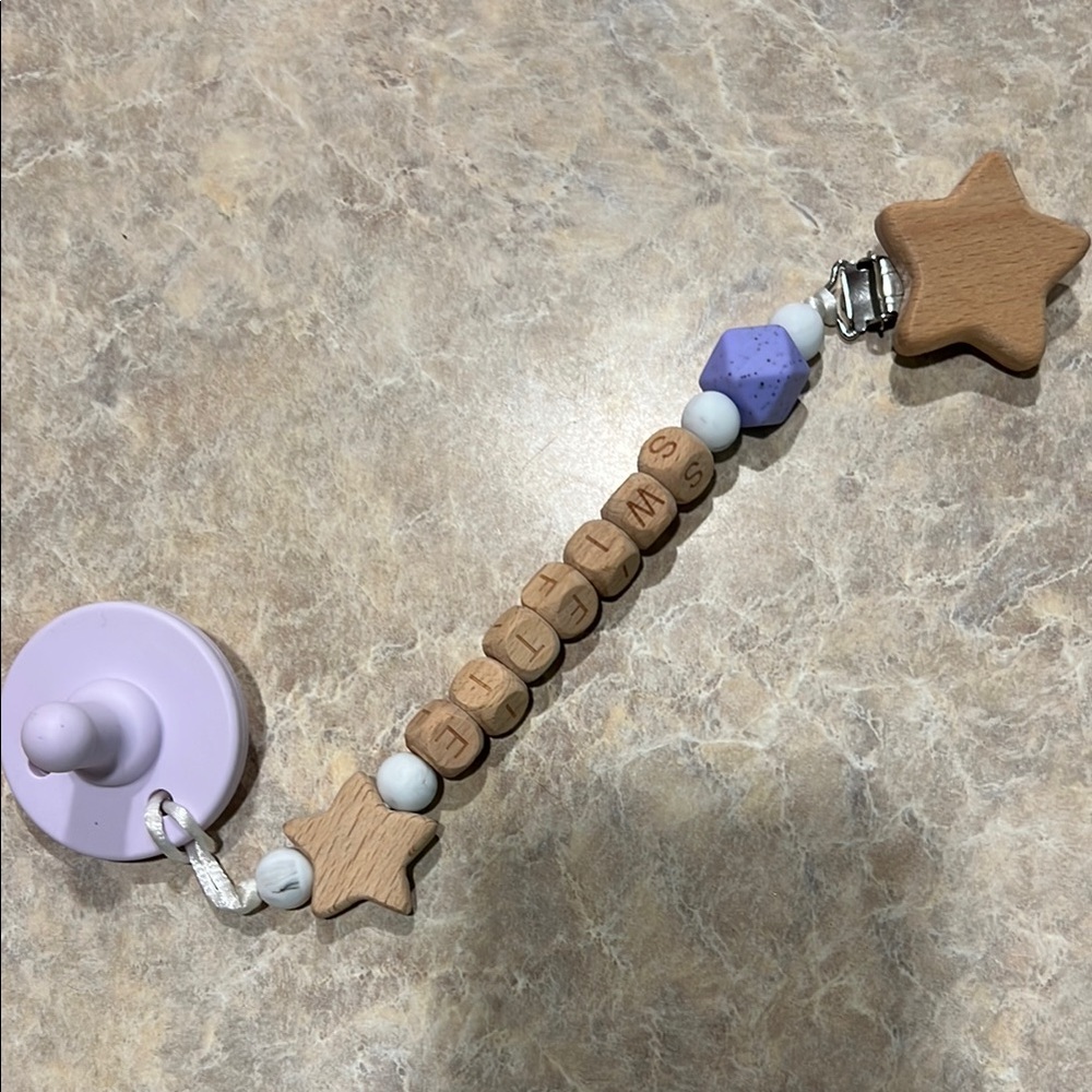 Brand New - Wooden Star Pacifier Clip - Purple and Natural -“Swiftie”